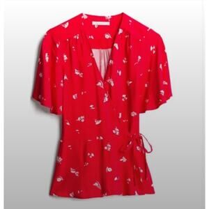 Fourteenth Place Red and White Floral Wrap Top Blouse XS